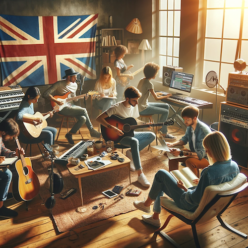 Group of UK musicians sat around with their instruments